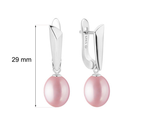 Latch back earrings with pearls: freshwater, lavender, rice, 8.0-8.5 мм — rhodium plated silver 925