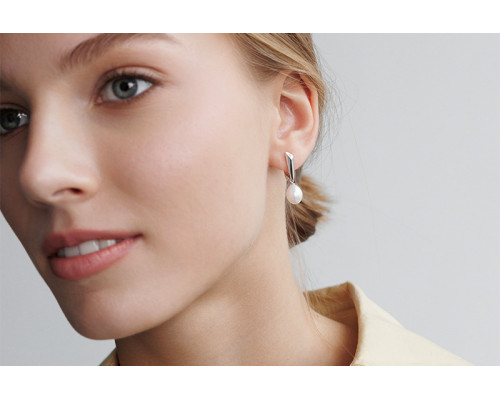 Latch back earrings with pearls: freshwater, lavender, rice, 8.0-8.5 мм — rhodium plated silver 925