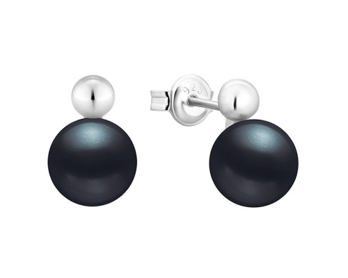 Stud earrings with pearls: freshwater, black, semi-round, 8.0-8.5 мм — rhodium plated silver 925