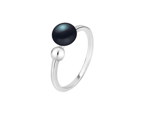 Ring with pearls: freshwater, black, semi-round, 7.0-7.5 мм — rhodium plated silver 925
