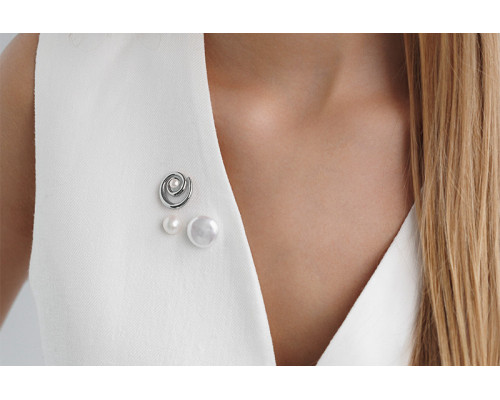 Brooch with pearls: freshwater, black, semi-round, 4.5-5.0 мм — rhodium plated silver 925