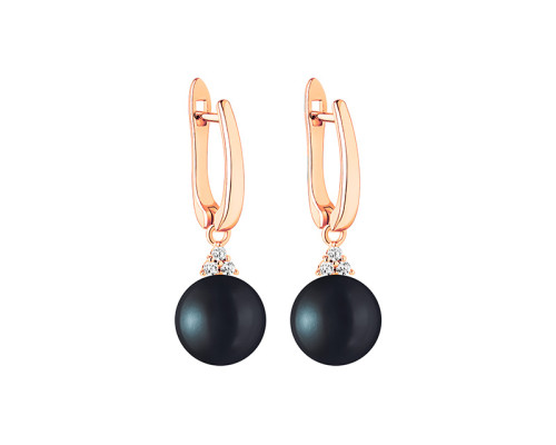 Latch back earrings with pearls: freshwater, black, semi-round, 9.0-9.5 мм — 14K rose gold plated 925 sterling silver