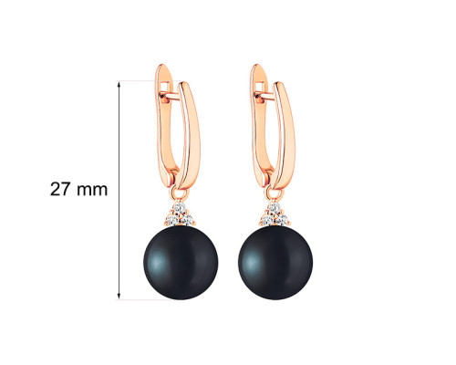 Latch back earrings with pearls: freshwater, black, semi-round, 9.0-9.5 мм — 14K rose gold plated 925 sterling silver