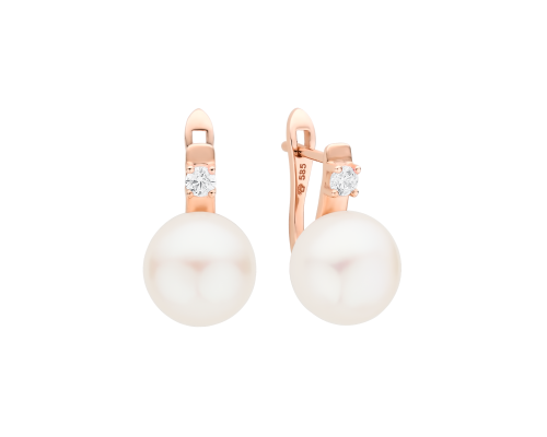 Earrings with pearls: freshwater, white, 9-9.5 мм — rose gold 585