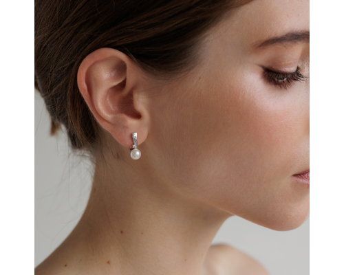 Latch back earrings with pearls: freshwater, white, semi-round, 6.5-7 мм — rhodium plated silver