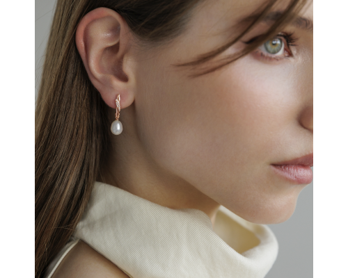 Latch back earrings with pearls: freshwater, white, rice, 7.5-8 мм — 14K rose gold plated 925 sterling silver
