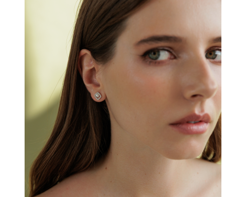 Stud earrings with pearls: freshwater, white, semi-round, 3.5-4 мм — rhodium plated silver