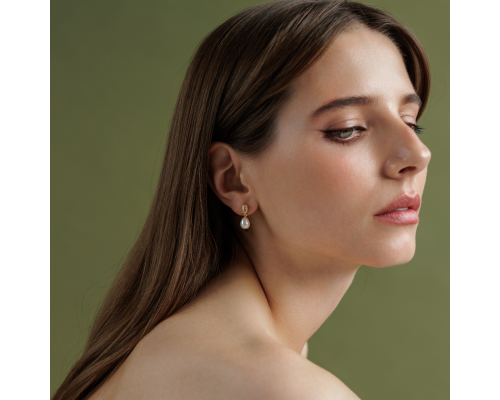 Stud earrings with pearls: freshwater, white, rice, 7-7.5 мм — 14K yellow plated 925 sterling silver