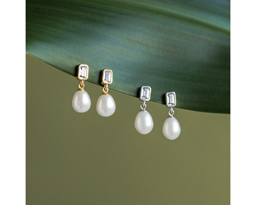 Stud earrings with pearls: freshwater, white, rice, 7-7.5 мм — rhodium plated silver