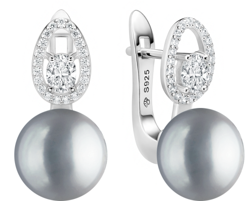 Latch back earrings with pearls: freshwater, gray, semi-round, 9.5-10 мм — rhodium plated silver 925