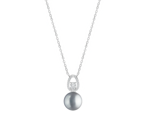 Pendant necklace with pearls: freshwater, gray, semi-round, 9.5-10 мм — rhodium plated silver 925