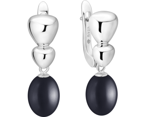 Latch back earrings with pearls: freshwater, black, rice, 7-7.5 мм — rhodium plated silver 925