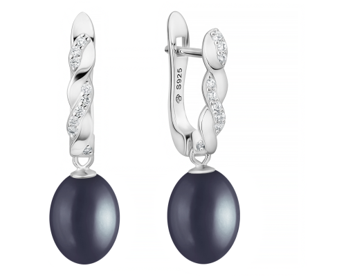 Latch back earrings with pearls: freshwater, black, rice, 8-8.5 мм — rhodium plated silver 925