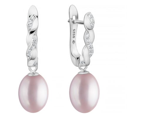 Latch back earrings with pearls: freshwater, lavender, rice, 8-8.5 мм — rhodium plated silver 925