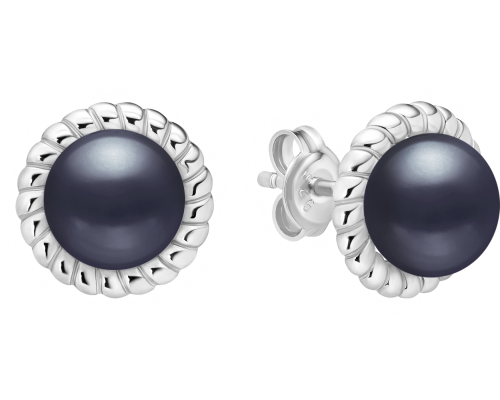 Stud earrings with pearls: freshwater, black, semi-round, 8-8.5 мм — rhodium plated silver 925