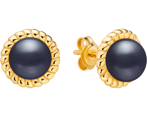Stud earrings with pearls: freshwater, black, semi-round, 8-8.5 мм — 14K yellow plated 925 sterling silver
