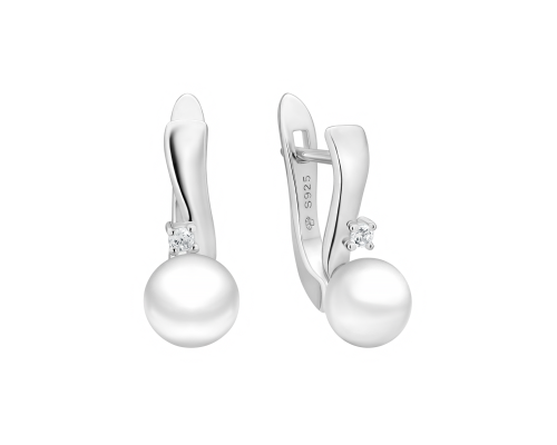 Latch back earrings with pearls: freshwater, white, semi-round, 6.5-7 мм — rhodium plated silver