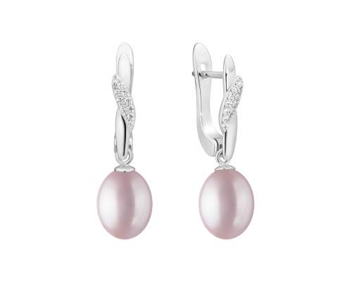 Latch back earrings with pearls: freshwater, lavender, rice, 7.5-8 мм — rhodium plated silver