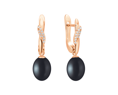 Latch back earrings with pearls: freshwater, black, rice, 7.5-8 мм — 14K rose gold plated 925 sterling silver