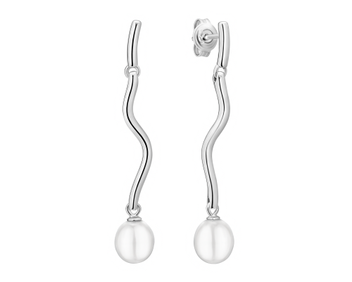 Stud earrings with pearls: freshwater, white, rice, 6.5-7 мм — rhodium plated silver