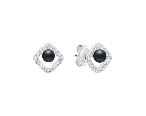 Stud earrings with pearls: freshwater, black, semi-round, 3.5-4 мм — rhodium plated silver