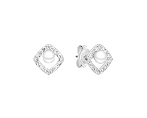 Stud earrings with pearls: freshwater, white, semi-round, 3.5-4 мм — rhodium plated silver
