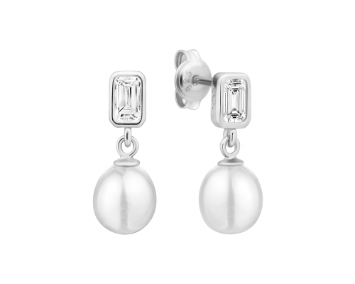 Stud earrings with pearls: freshwater, white, rice, 7-7.5 мм — rhodium plated silver
