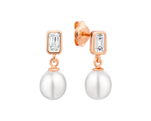 Stud earrings with pearls: freshwater, white, rice, 7-7.5 мм — 14K rose gold plated 925 sterling silver