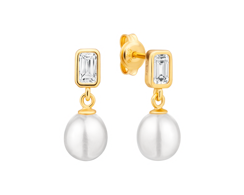 Stud earrings with pearls: freshwater, white, rice, 7-7.5 мм — 14K yellow plated 925 sterling silver